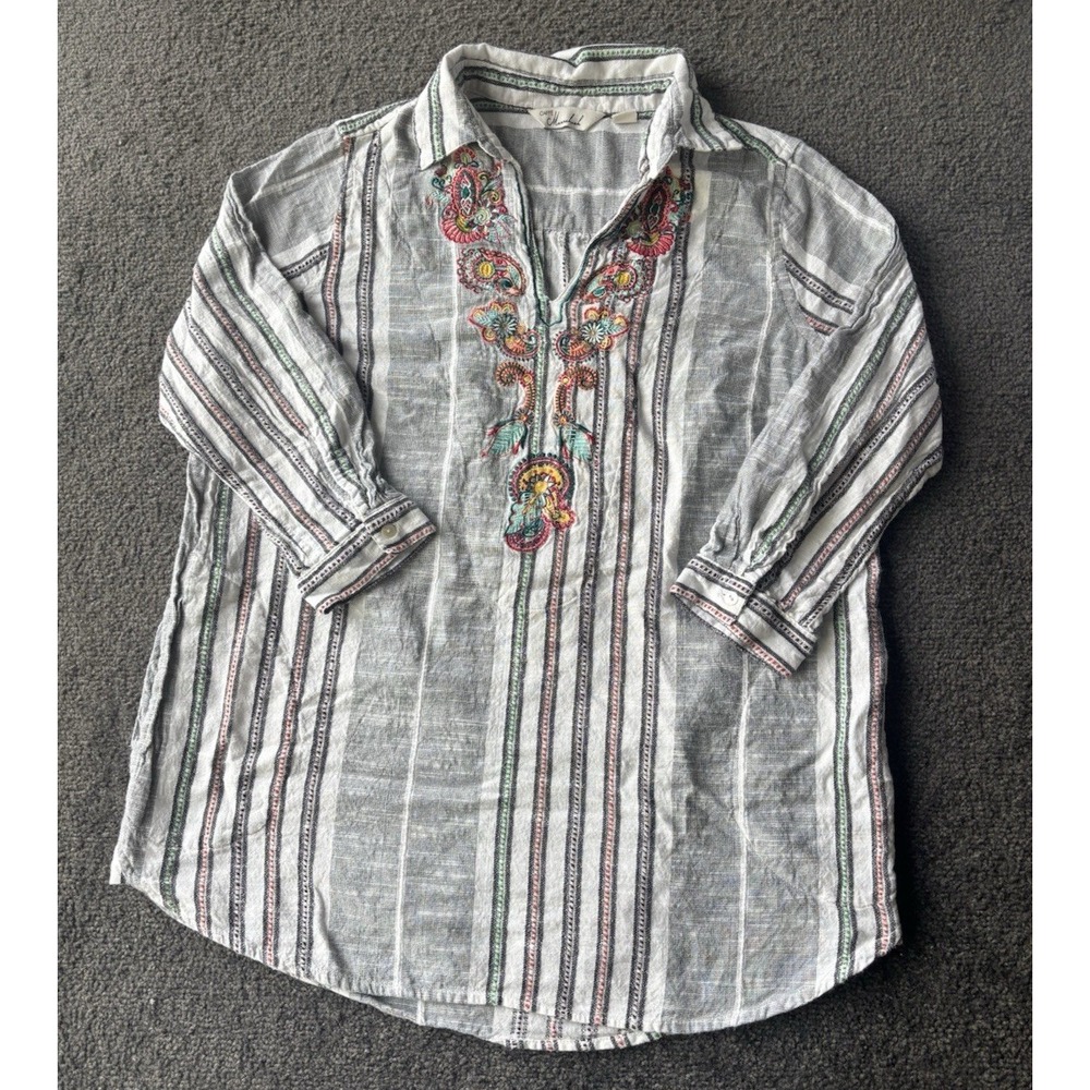 Caffe Marrakesh‎ Top Gray Embroidered Blouse Peasant Boho Festival Hippie Size S